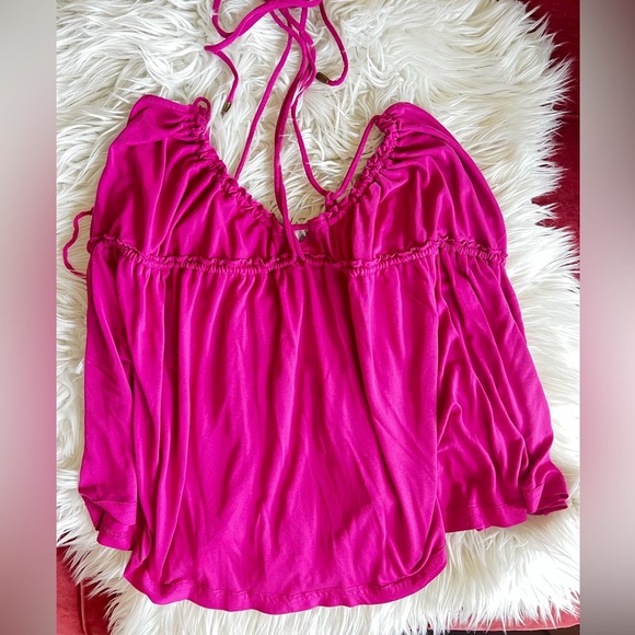 Free People Ruched Magenta Halter Top – Size M, Soft Jersey Knit Boho Cami - Picture 7 of 14